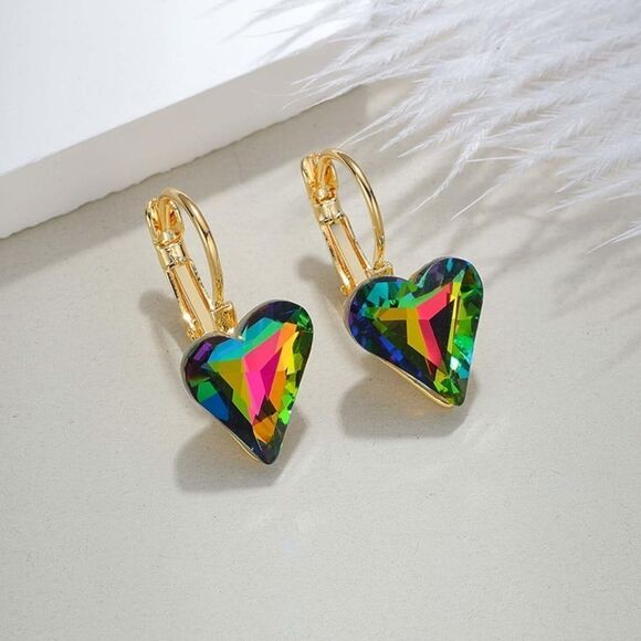 14K Yellow Gold with Vitrail Medium Austrian Crystal Heart Leverback Earrings - Picture 2 of 5